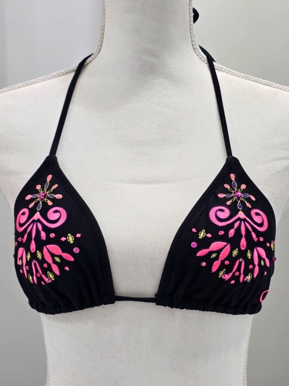 OP ✦ Triangle Bikini Top ✦ Black Pink Embroidered Adjustable Tie Closure Sz M - Picture 2 of 7